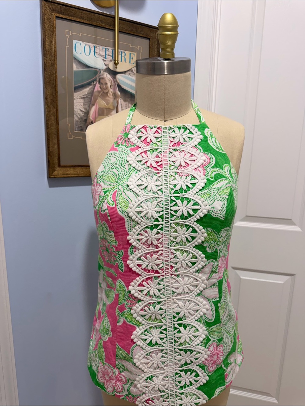 Lilly Pulitzer Pink & Green Patterned Halter Top with White Crochet